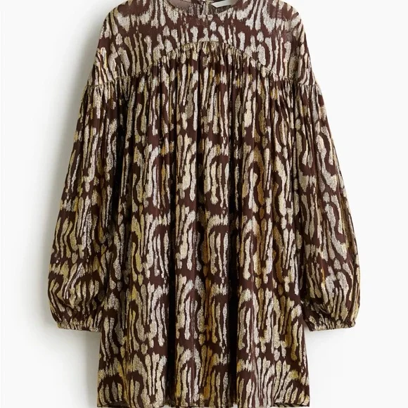 NWT H&M Oversized Jacquard-Weave  Long Sleeve  Dress (Dk Brown/Gold-Pattern) XL - Picture 5 of 7